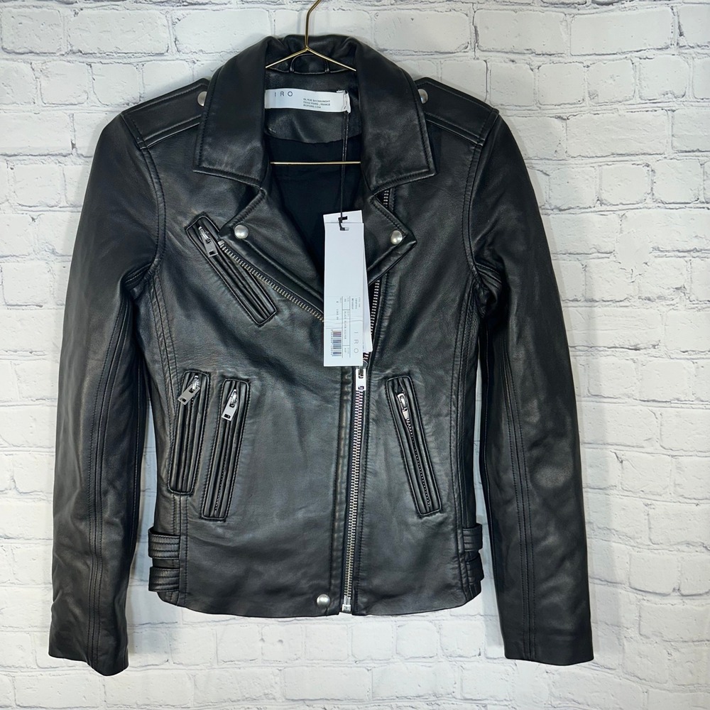 IRO Han Black Lamb Leather Biker Moto Jacket Silver Hardware Size 36 NEW $1265